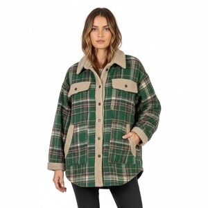 Panache Apparel Oversized Plaid Jacket Sherpa Trim Green Cream Cozy Cabin Size M